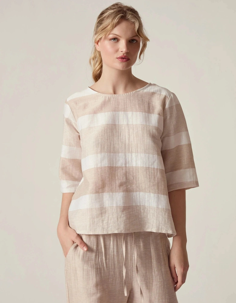 Striped Linen Blend Button-Back Top