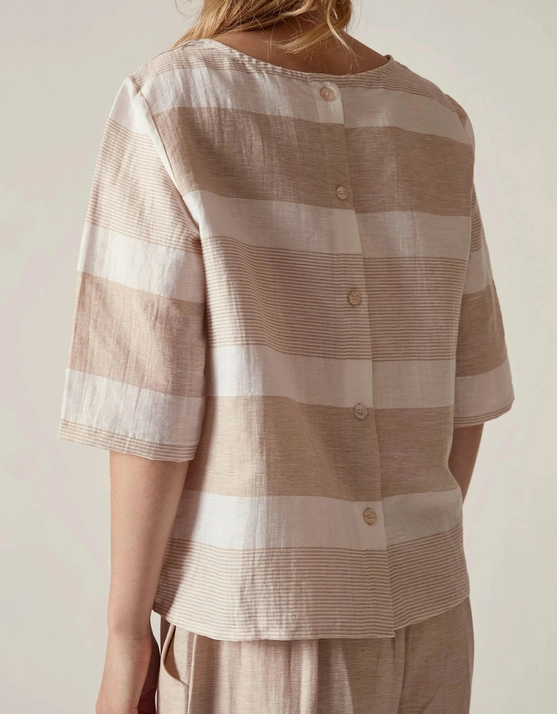 Striped Linen Blend Button-Back Top