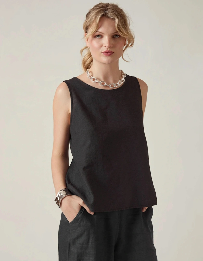 Black Linen Blend Sleeveless Button-Back Top