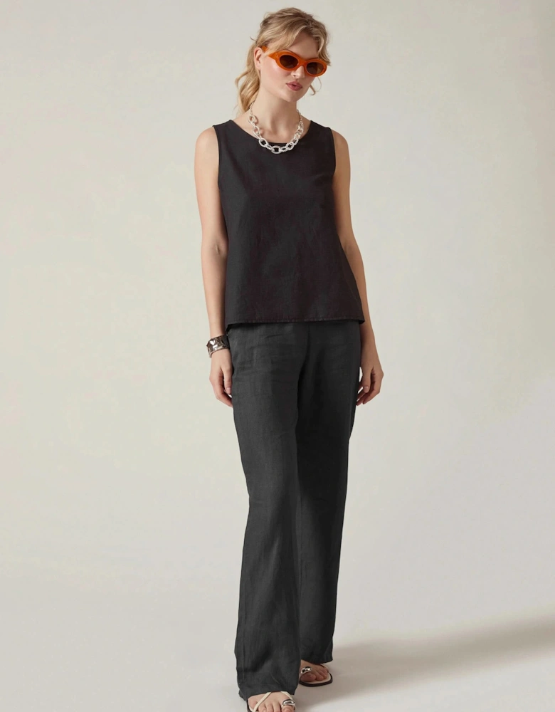 Black Linen Blend Sleeveless Button-Back Top