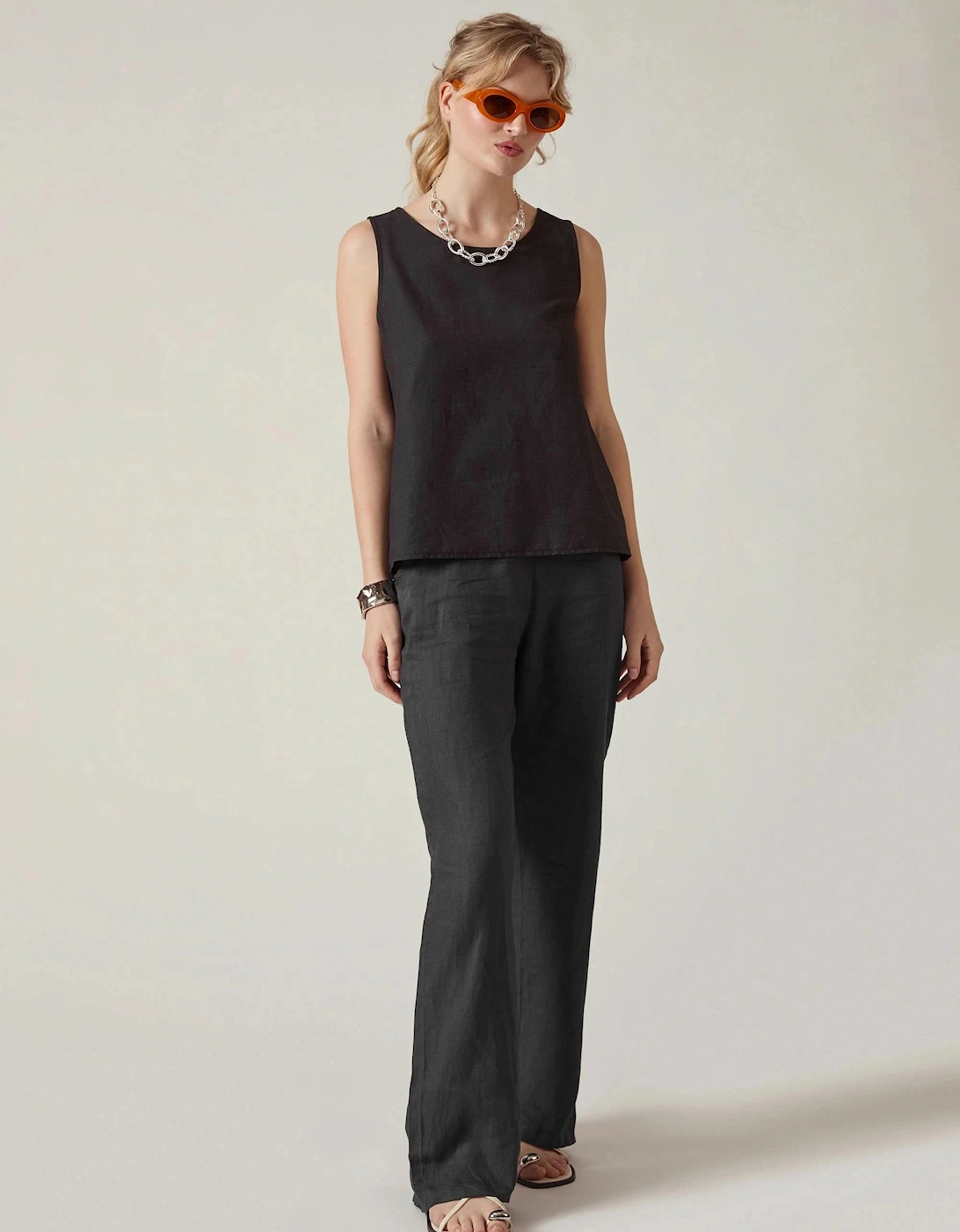 Black Linen Blend Sleeveless Button-Back Top