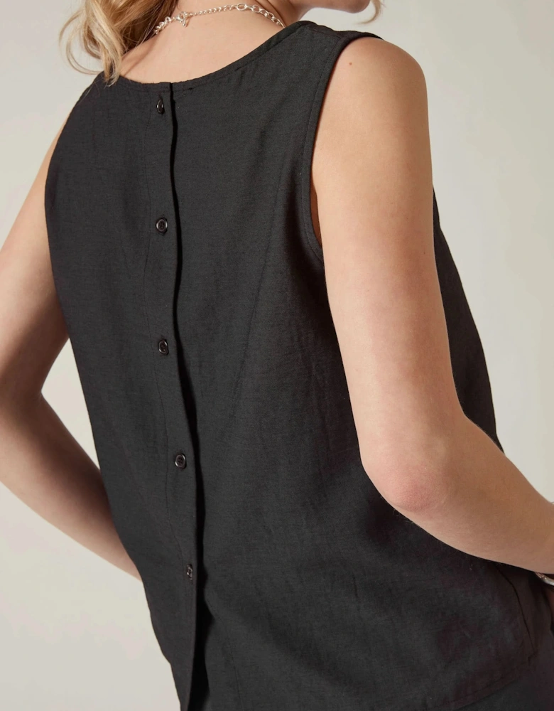 Black Linen Blend Sleeveless Button-Back Top