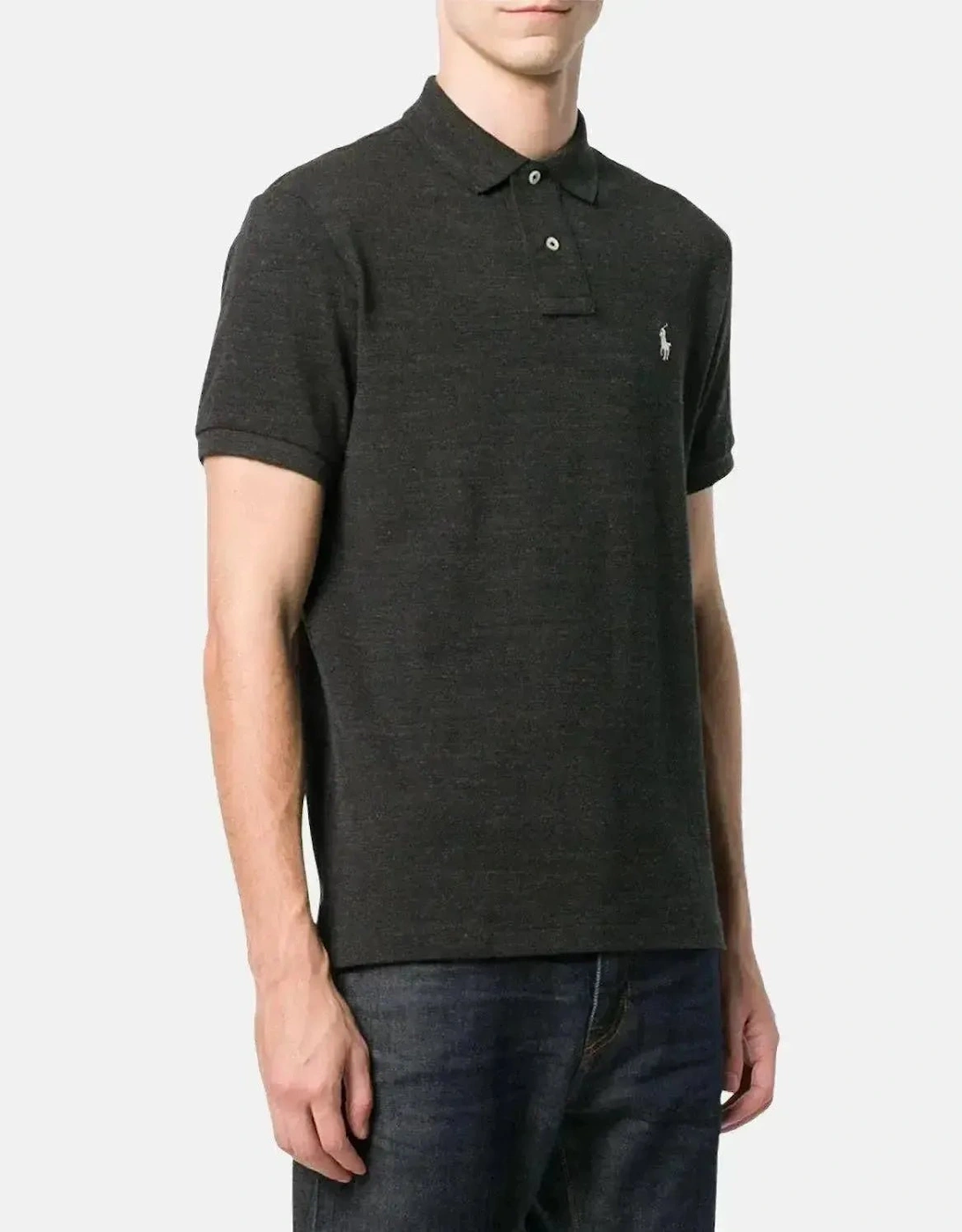 RALPH LAUREN MENS CUSTOM SLIM FIT MESH POLO SHIRT BLACK MARL HEATHER