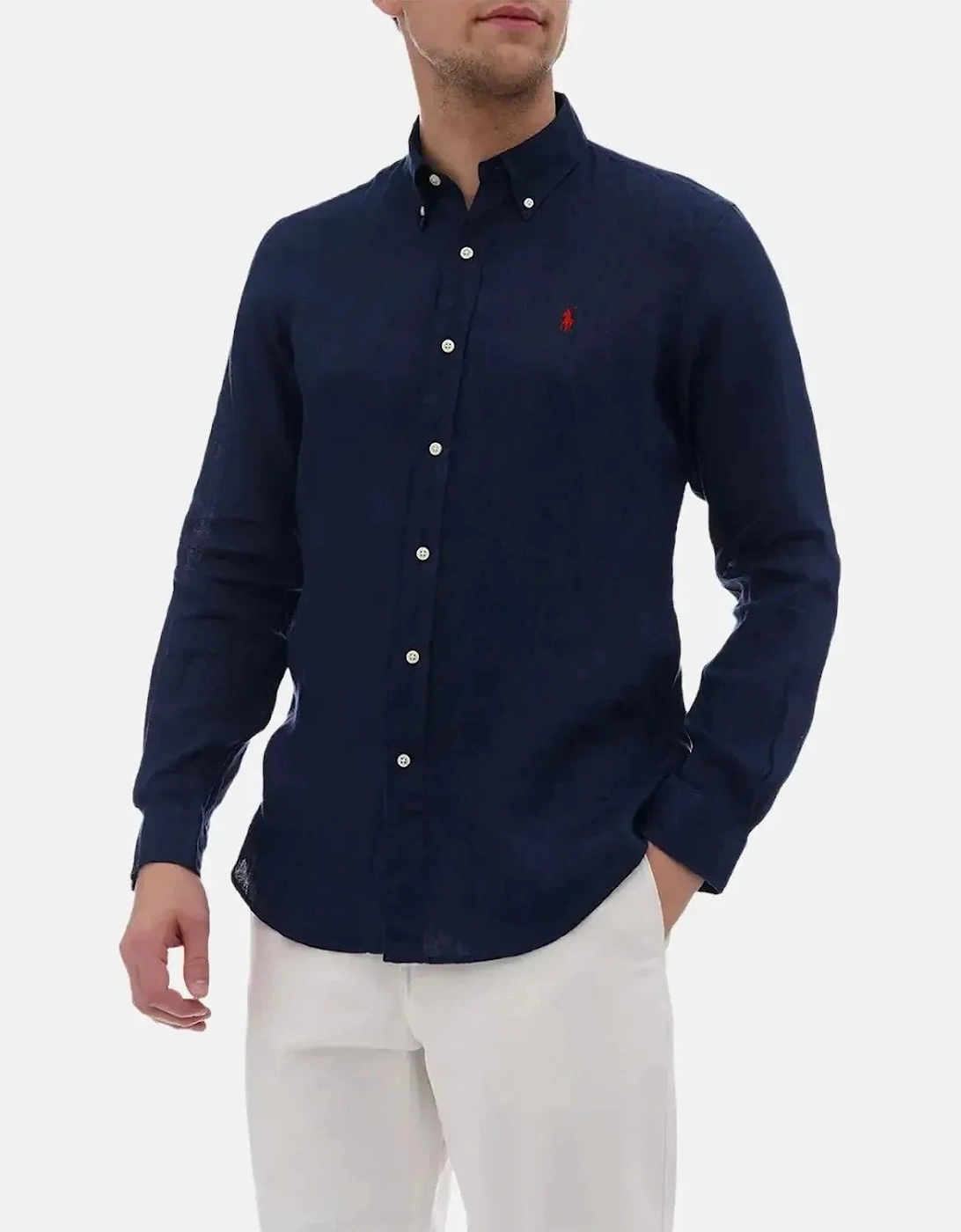 RALPH LAUREN CUSTOM FIT LINEN SHIRT NEWPORT NAVY