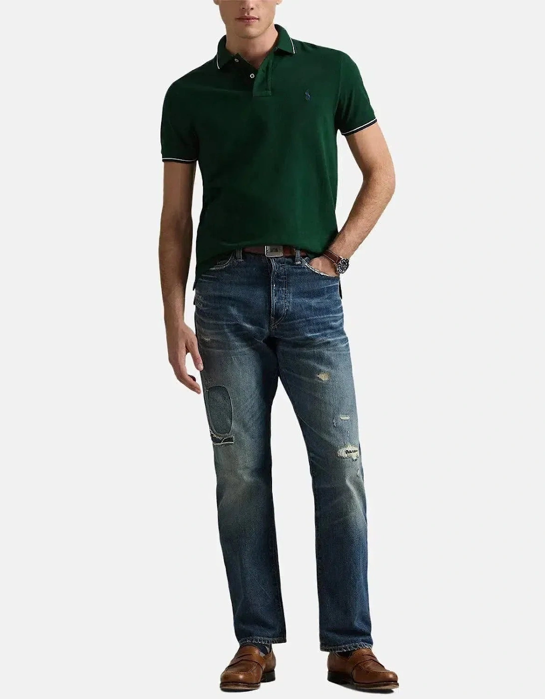RALPH LAUREN CUSTOM SLIM FIT MESH TIPPED POLO SHIRT MOSS