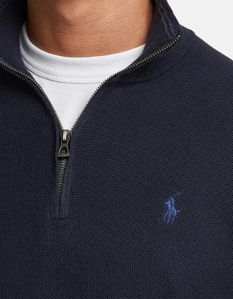 RALPH LAUREN MENS MESH KNIT COTTON 1/4 ZIP JUMPER HEATHER NAVY