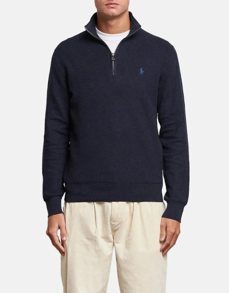 RALPH LAUREN MENS MESH KNIT COTTON 1/4 ZIP JUMPER HEATHER NAVY