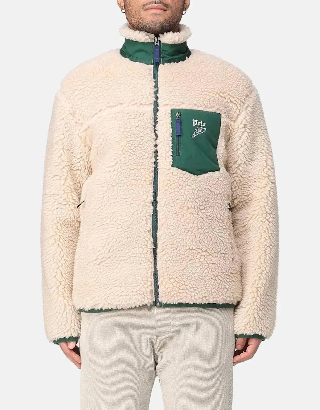 RALPH LAUREN MENS WOOL BORG LOGO SHERPA ZIP THROUGH FLEECE RANCH CREAM