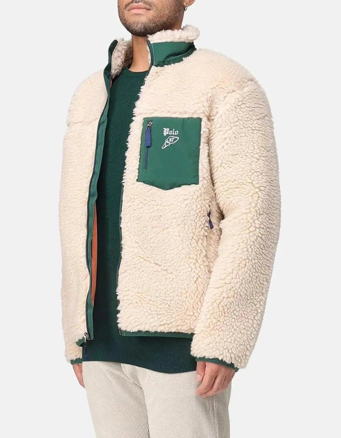 RALPH LAUREN MENS WOOL BORG LOGO SHERPA ZIP THROUGH FLEECE RANCH CREAM