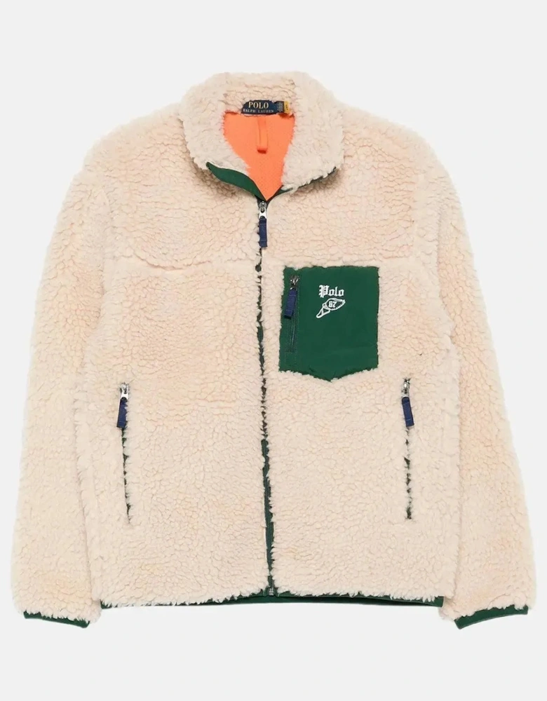 RALPH LAUREN MENS WOOL BORG LOGO SHERPA ZIP THROUGH FLEECE RANCH CREAM
