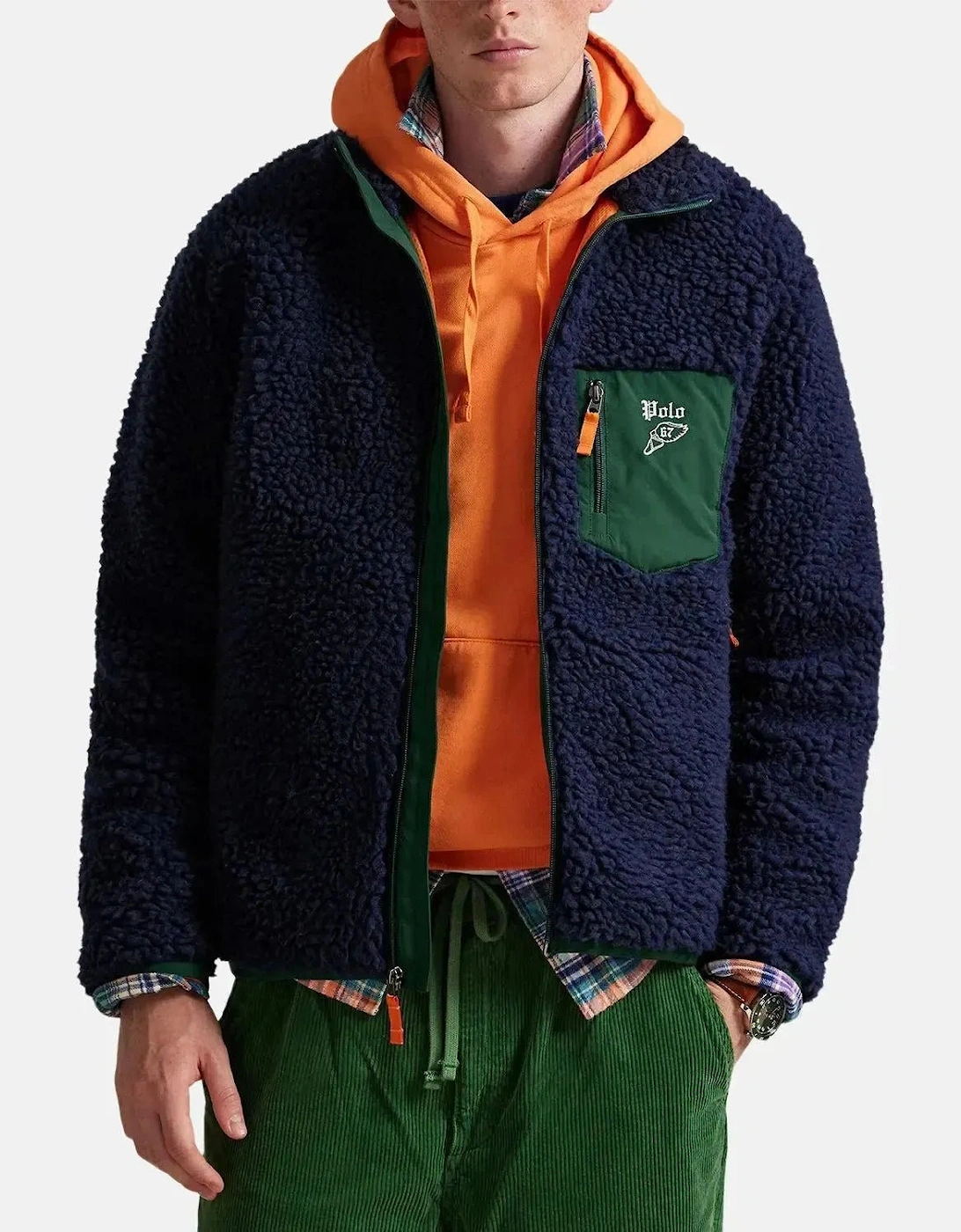RALPH LAUREN MENS WOOL BORG LOGO SHERPA ZIP THROUGH FLEECE CRUISE NAVY