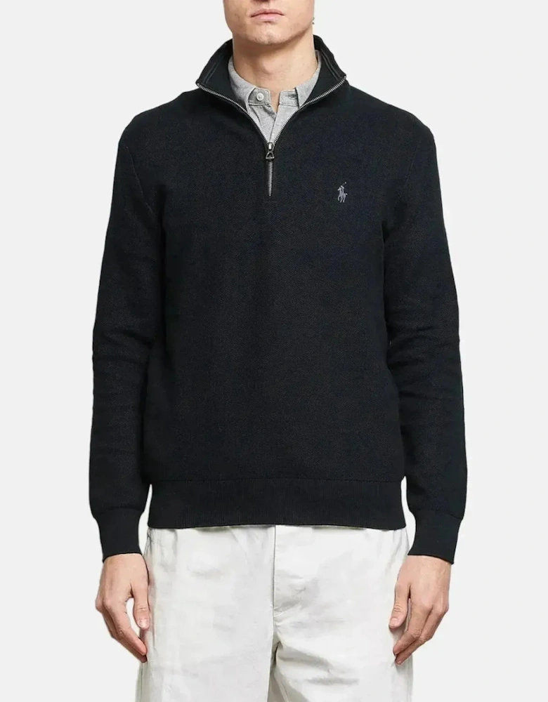 RALPH LAUREN MESH KNIT COTTON 1/4 ZIP KNIT BLACK