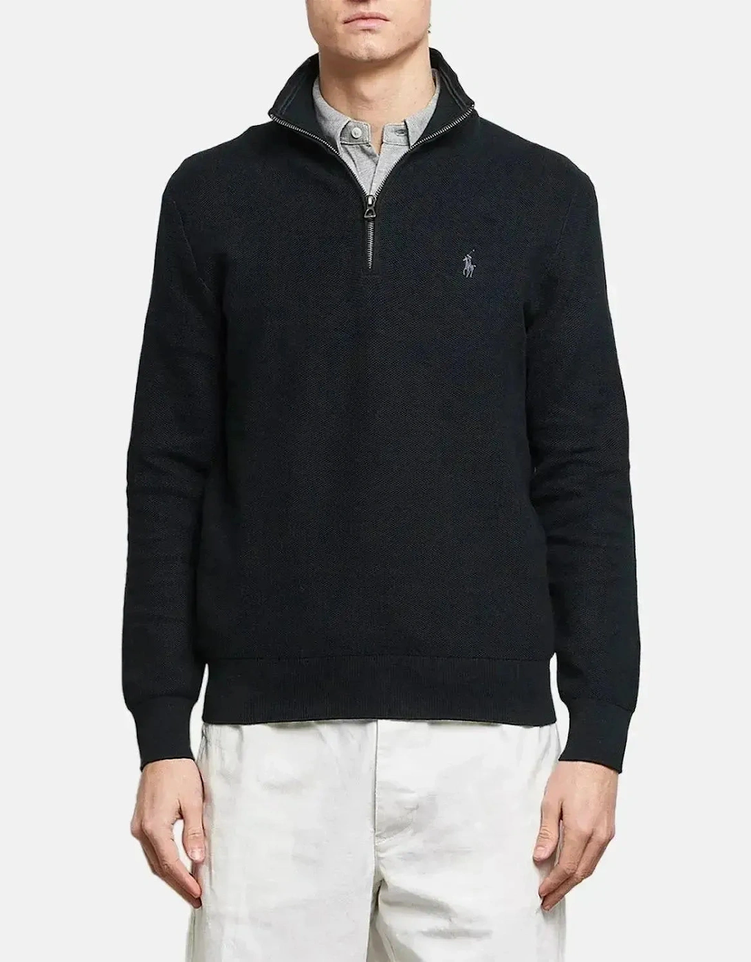 RALPH LAUREN MESH KNIT COTTON 1/4 ZIP KNIT BLACK