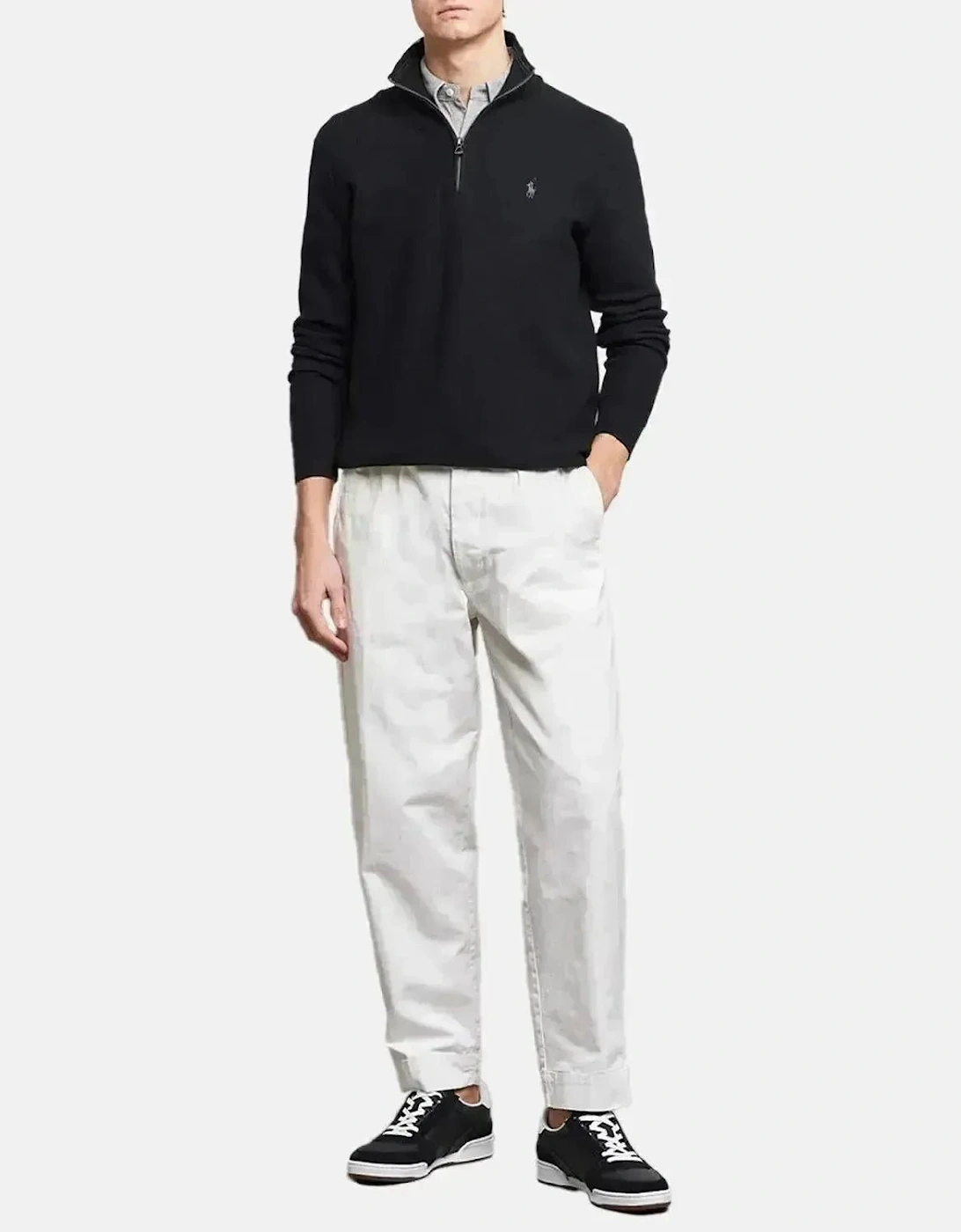 RALPH LAUREN MESH KNIT COTTON 1/4 ZIP KNIT BLACK