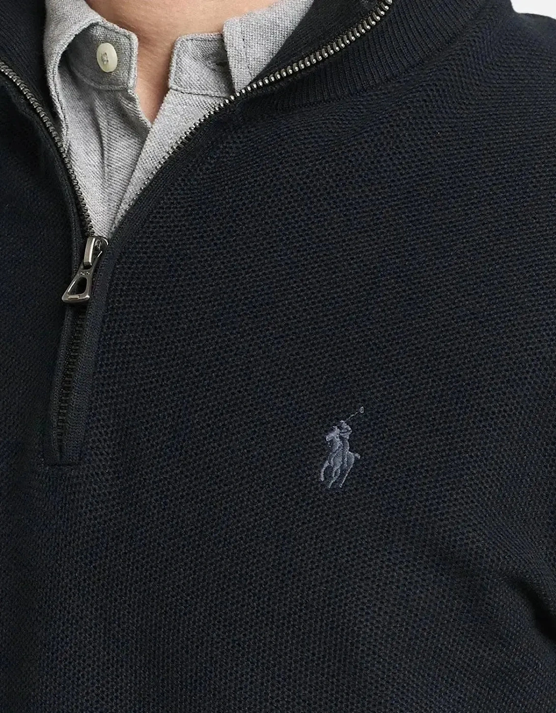RALPH LAUREN MESH KNIT COTTON 1/4 ZIP KNIT BLACK