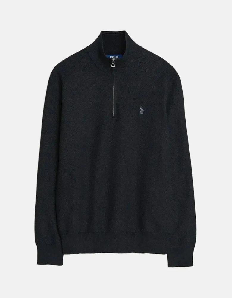 RALPH LAUREN MESH KNIT COTTON 1/4 ZIP KNIT BLACK