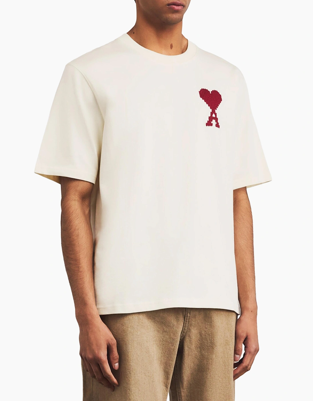Ami Paris Ami De Coeur Zig Zag Logo T-Shirt in Beige