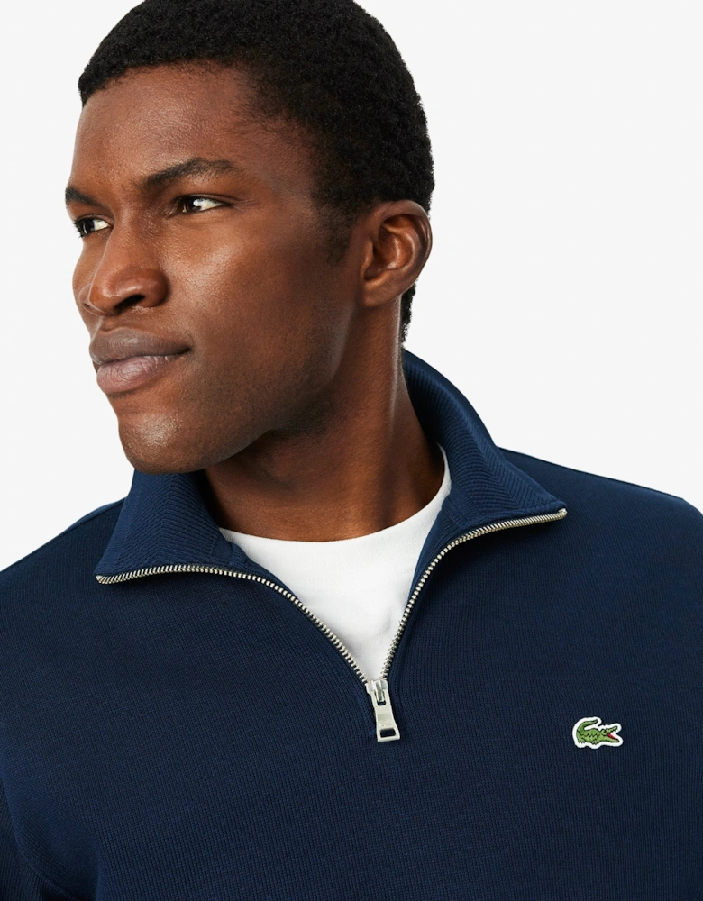 Lacoste Mens Zippered Stand-Up Collar Cotton Sweatshirt - Navy Blue 166