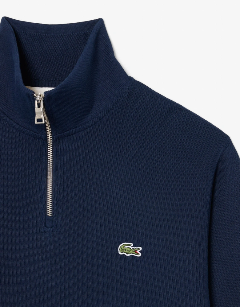 Lacoste Mens Zippered Stand-Up Collar Cotton Sweatshirt - Navy Blue 166
