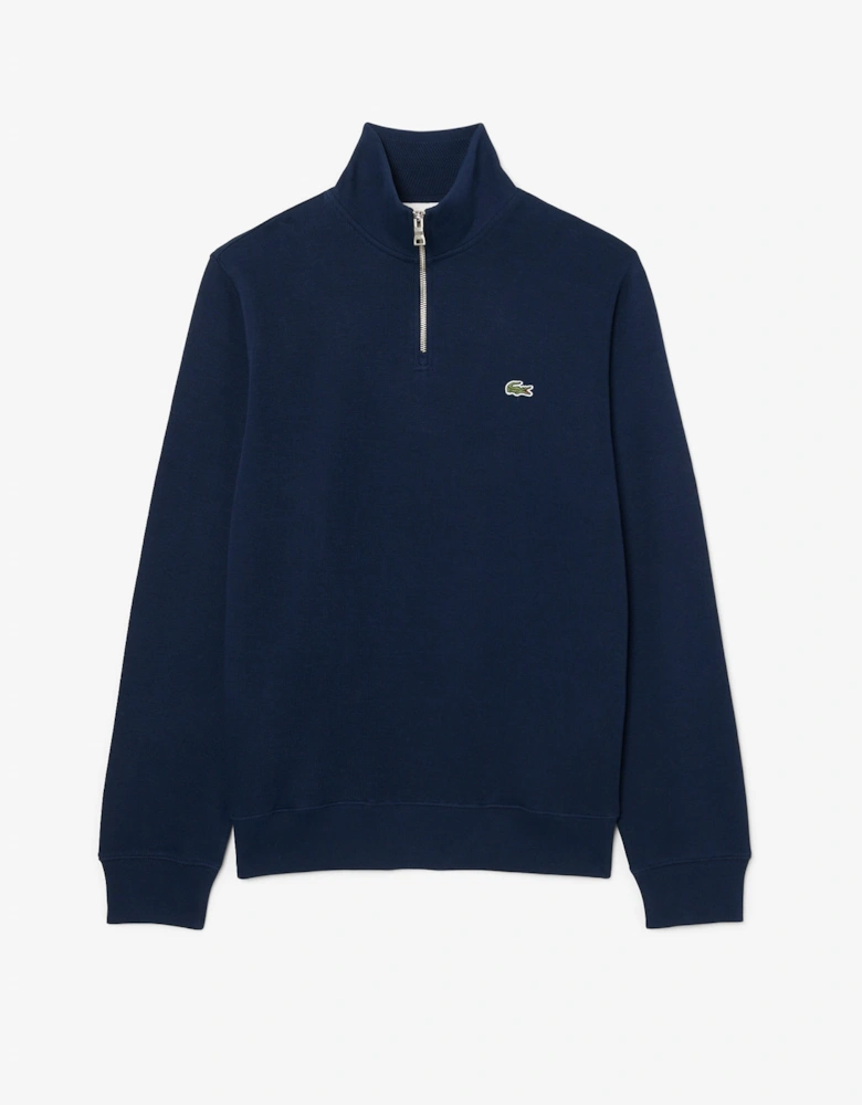 Lacoste Mens Zippered Stand-Up Collar Cotton Sweatshirt - Navy Blue 166