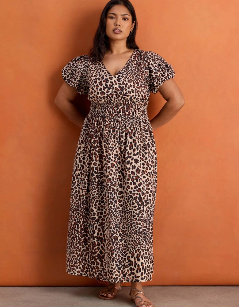 Brown Animal Print Smocked Waist Cotton Midaxi Dress