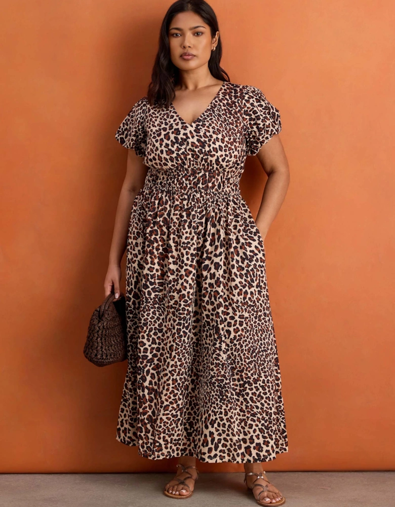Brown Animal Print Smocked Waist Cotton Midaxi Dress