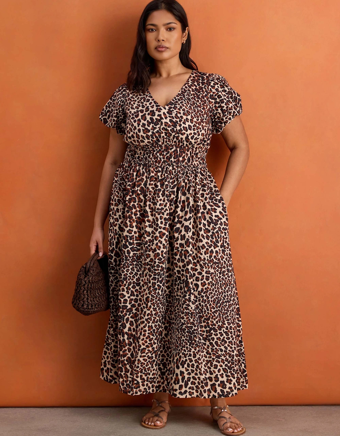Brown Animal Print Smocked Waist Cotton Midaxi Dress