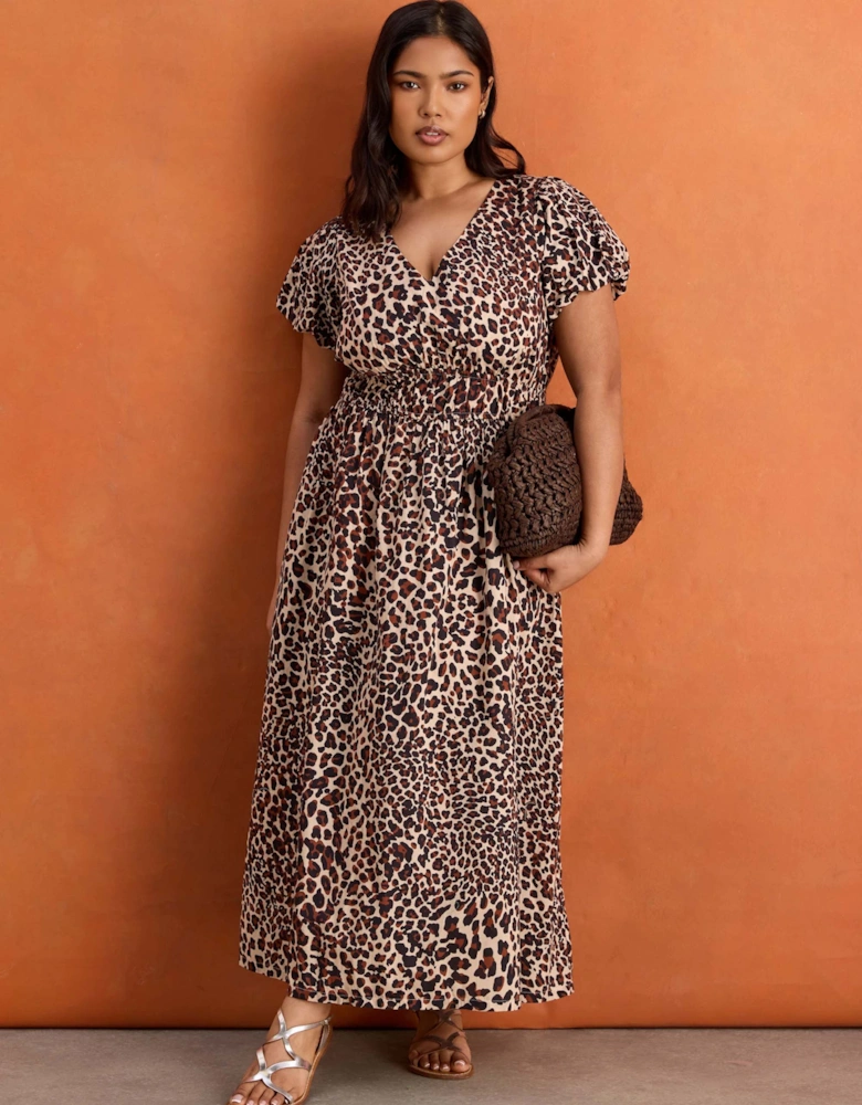 Brown Animal Print Smocked Waist Cotton Midaxi Dress