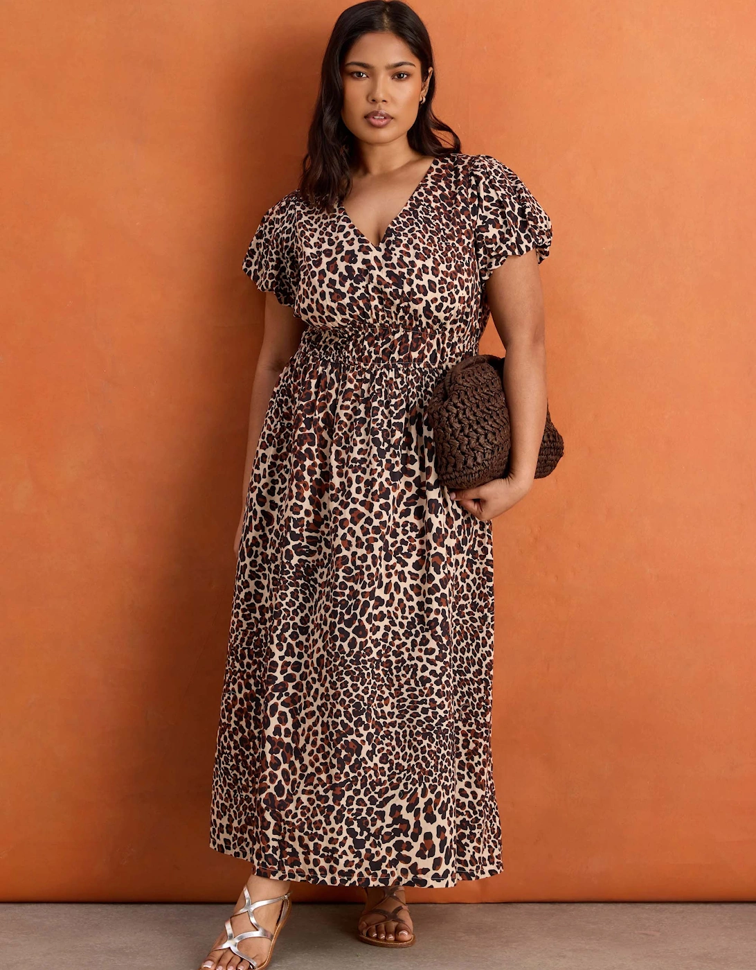 Brown Animal Print Smocked Waist Cotton Midaxi Dress, 7 of 6