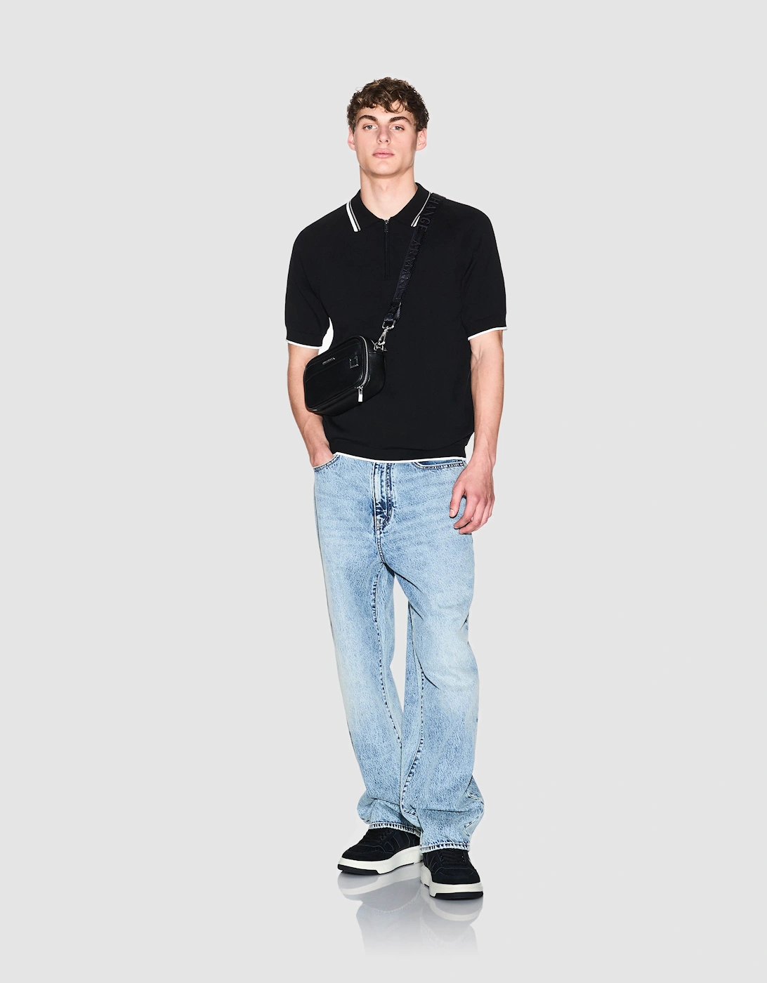 Armani Exchange Mens Zip Placket Knit Polo - Black UC001