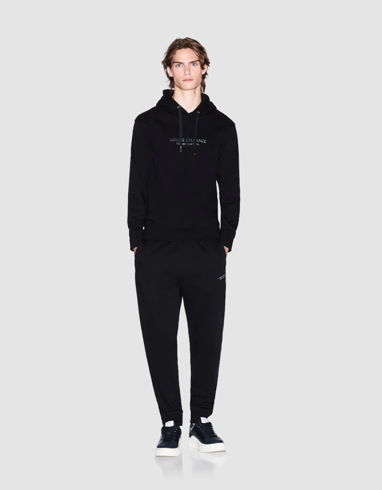 Armani Exchange Mens Pullover Hoodie with Tonal Milano/New York Logo - Black UC001