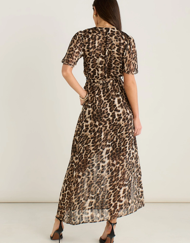 Brown Chiffon Animal Sparkle Stripe Wrap Midi Dress