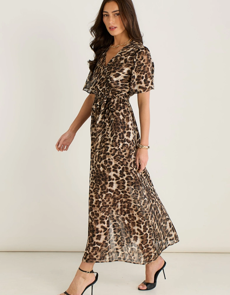 Brown Chiffon Animal Sparkle Stripe Wrap Midi Dress