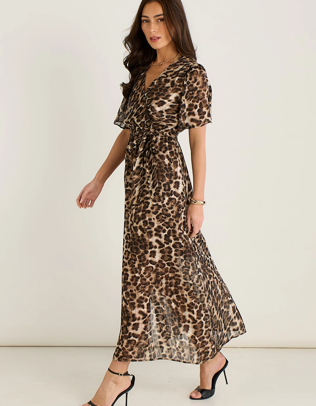Brown Chiffon Animal Sparkle Stripe Wrap Midi Dress