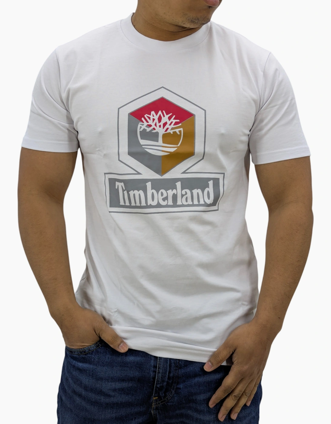 Timberland Men's Timberland Cube Print Logo Mens T Shirts Crew Neck Pullover Casual Cotton Tee - White