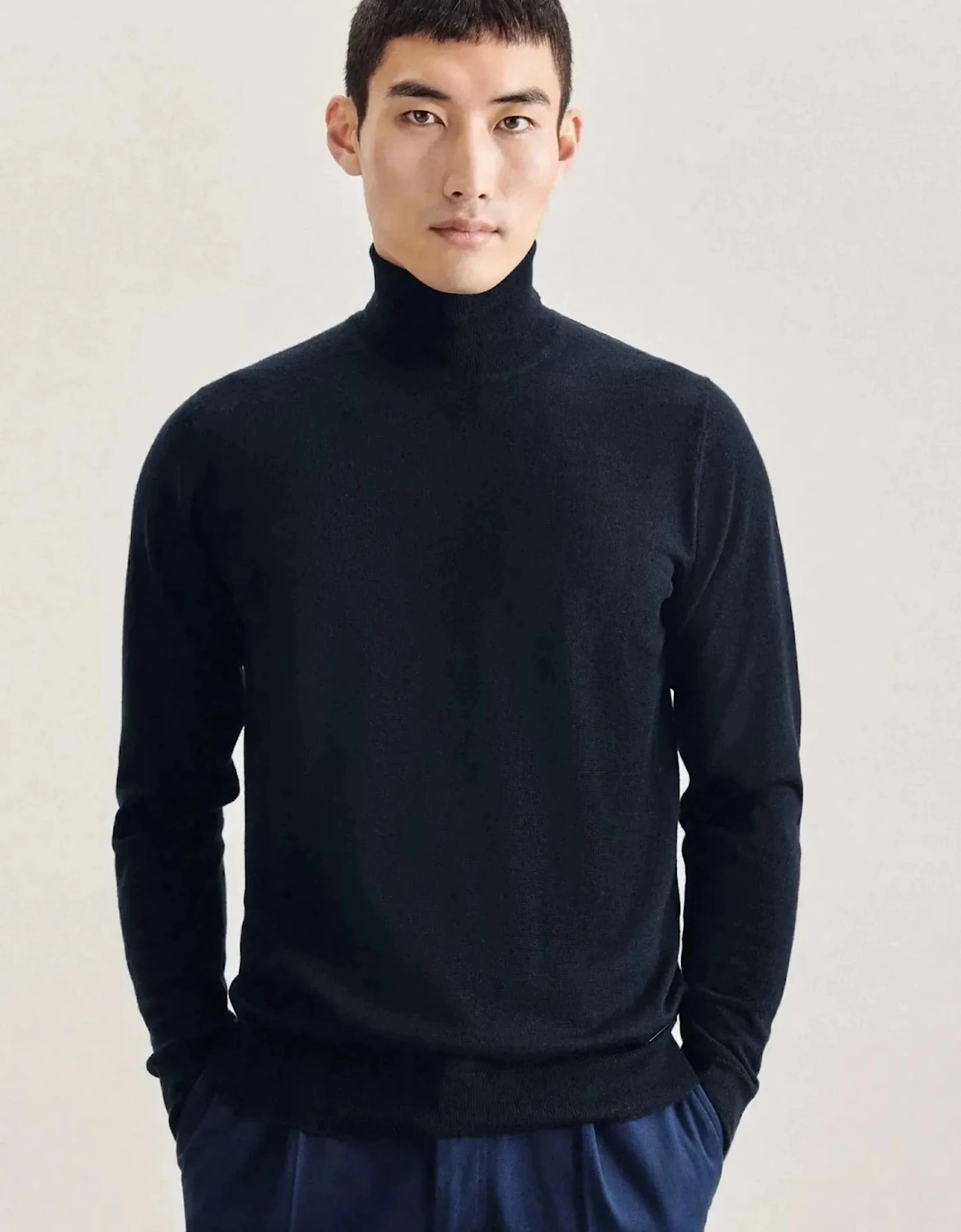 Merino Wool Roll Neck Knit Dark Blue