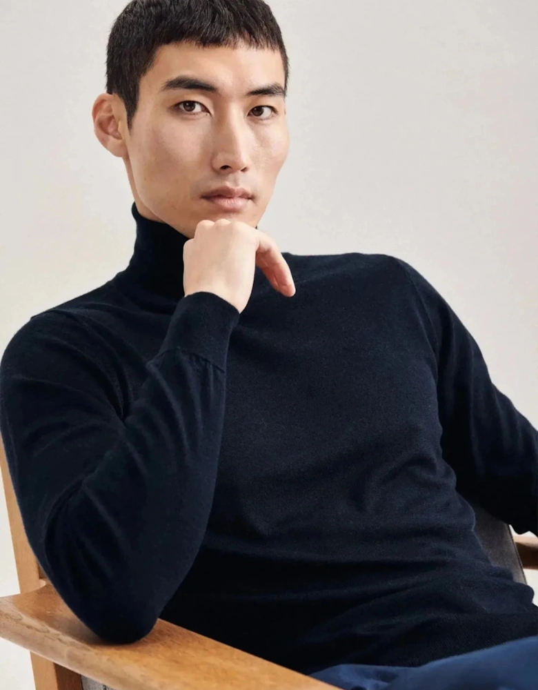 Merino Wool Roll Neck Knit Dark Blue