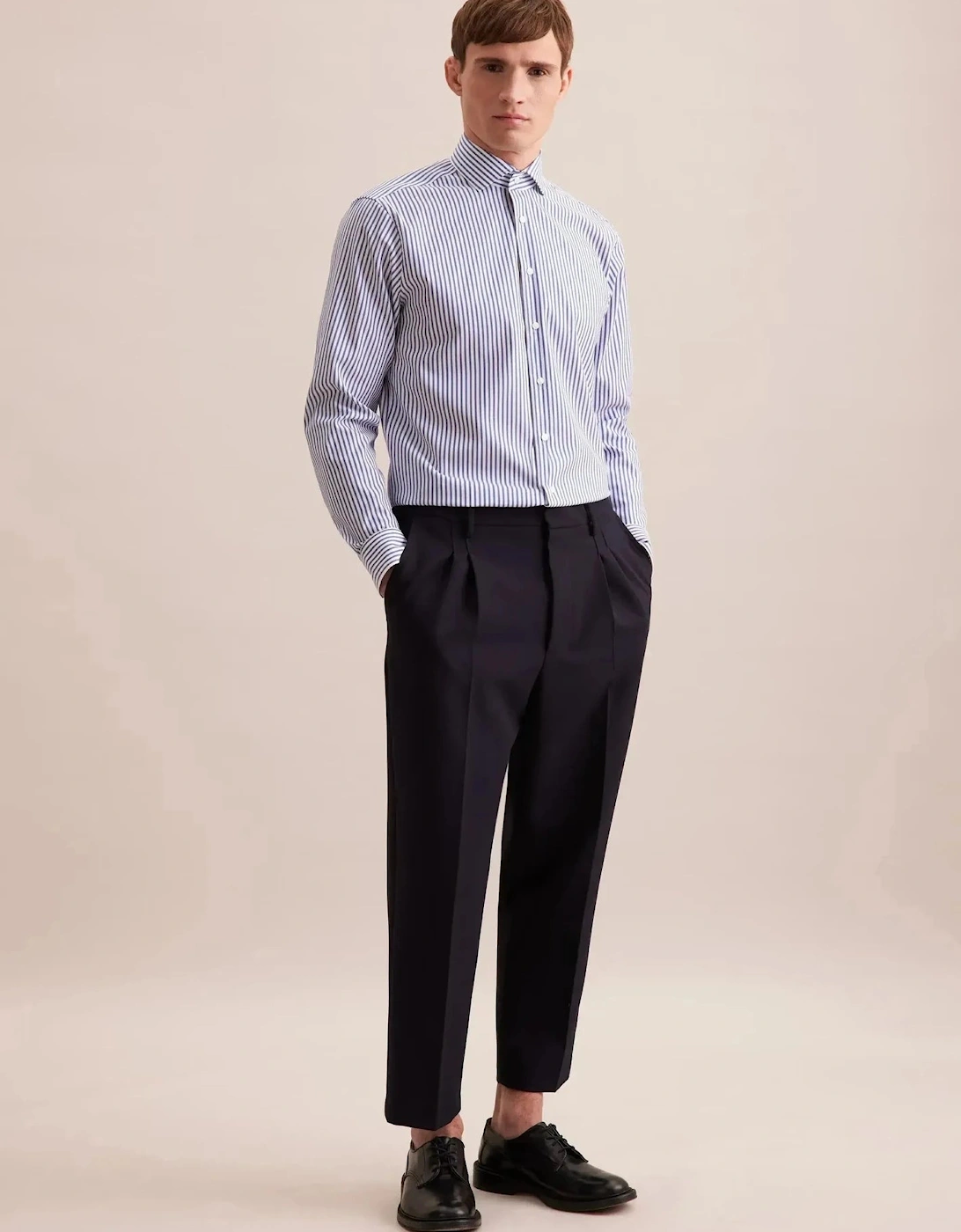 Regular Fit No Iron Spread Kent Structured Stripe Business Shirt Mid Blue