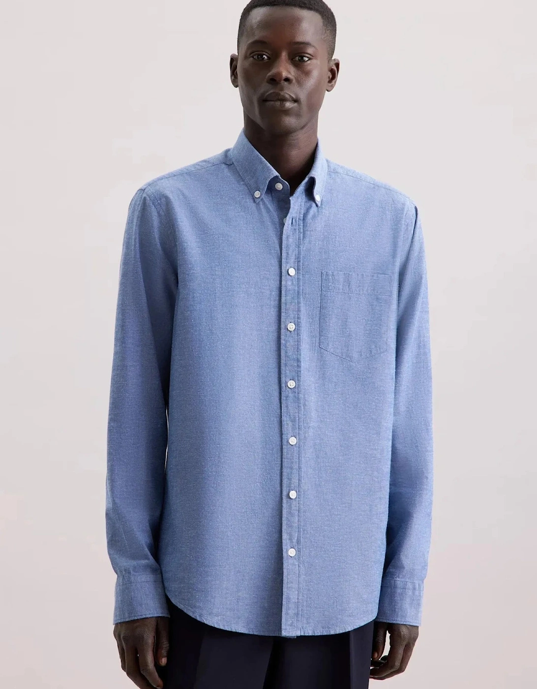 Regular Fit Button Down Linen Blend Chambray Shirt Mid Blue, 10 of 9