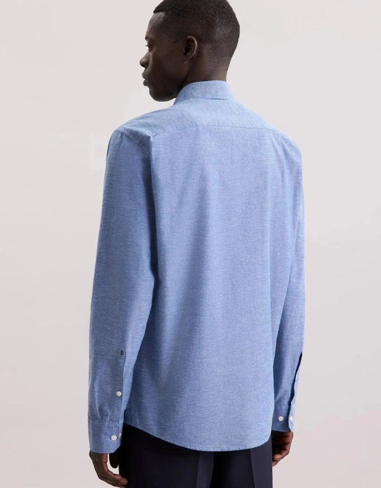 Regular Fit Button Down Linen Blend Chambray Shirt Mid Blue