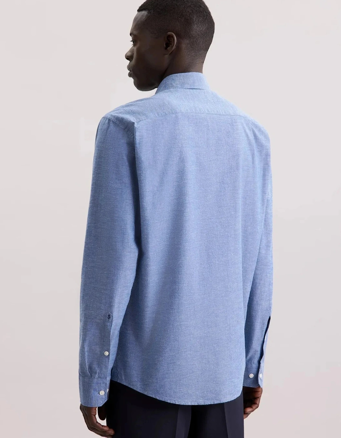 Regular Fit Button Down Linen Blend Chambray Shirt Mid Blue