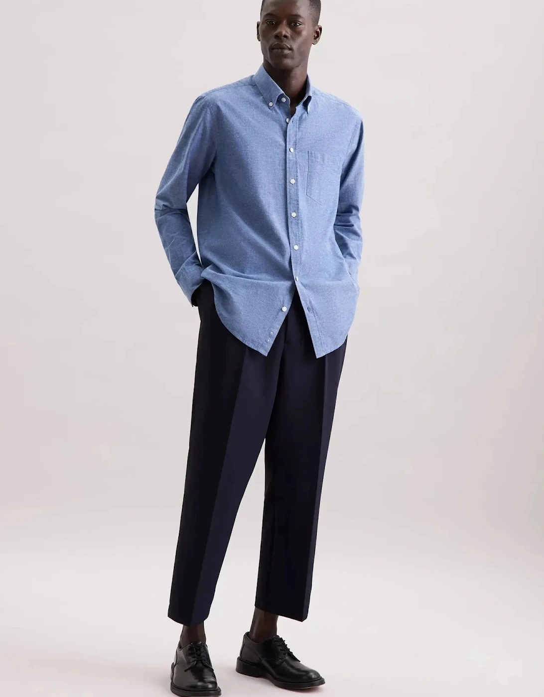 Regular Fit Button Down Linen Blend Chambray Shirt Mid Blue