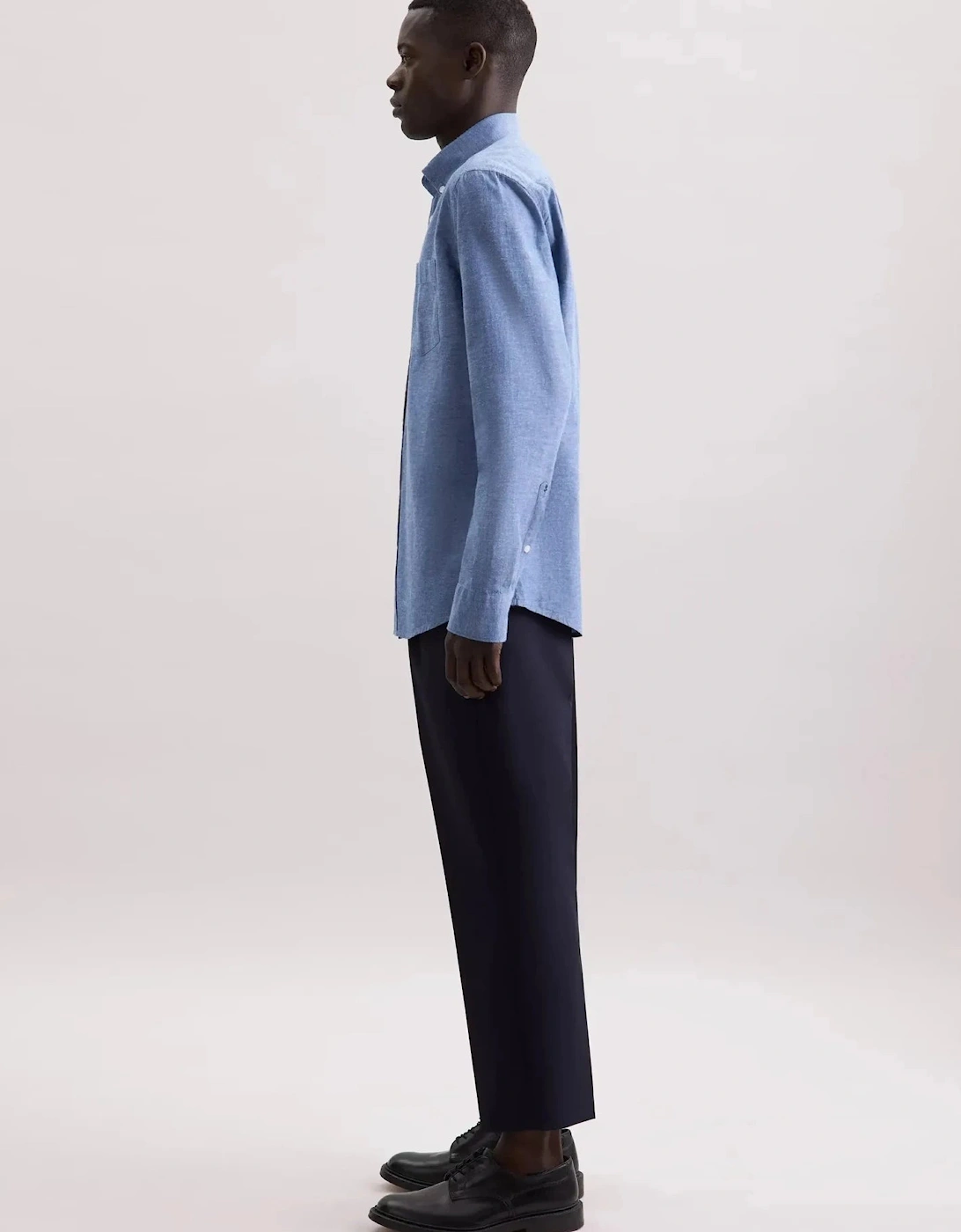 Regular Fit Button Down Linen Blend Chambray Shirt Mid Blue