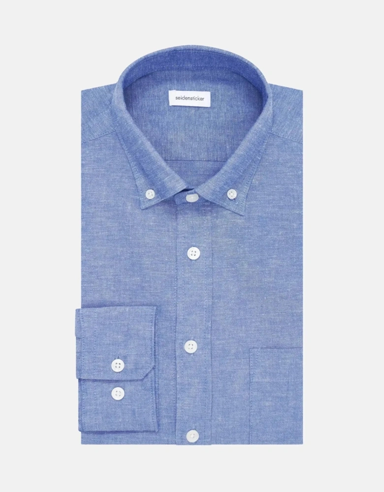 Regular Fit Button Down Linen Blend Chambray Shirt Mid Blue