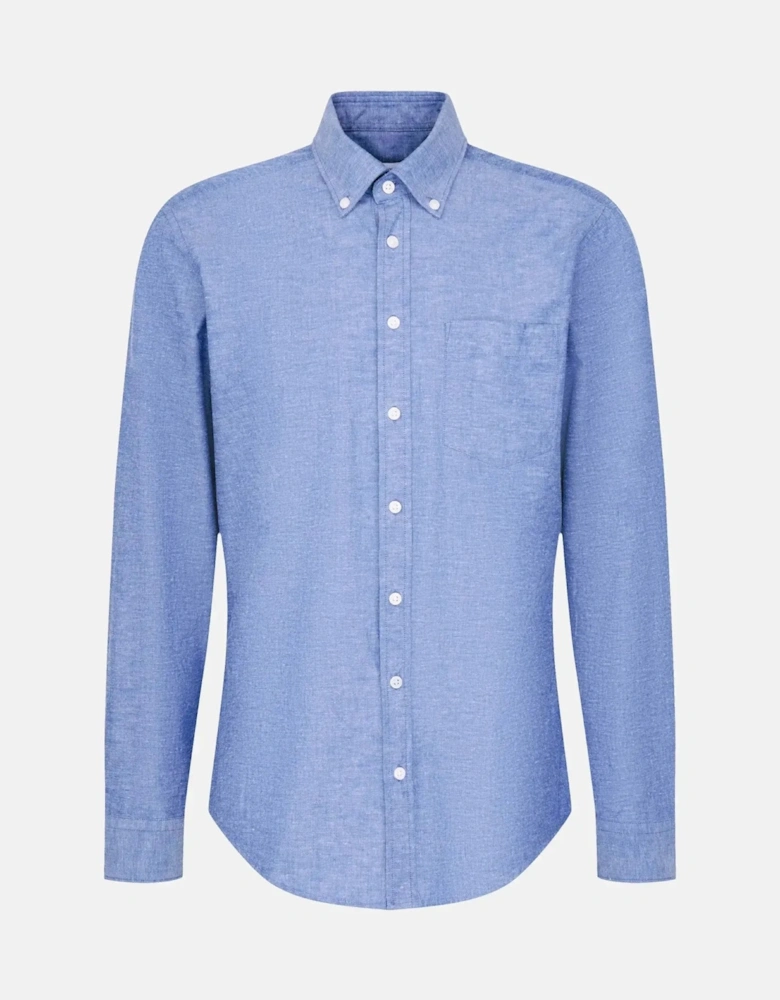 Regular Fit Button Down Linen Blend Chambray Shirt Mid Blue