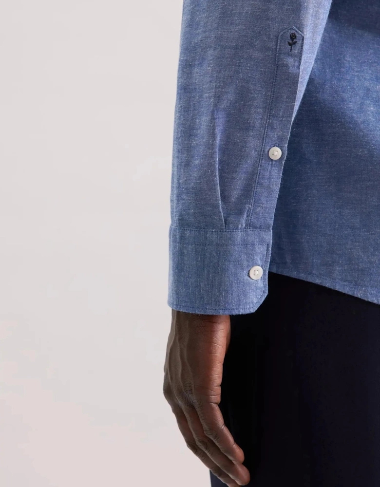 Regular Fit Button Down Linen Blend Chambray Shirt Mid Blue
