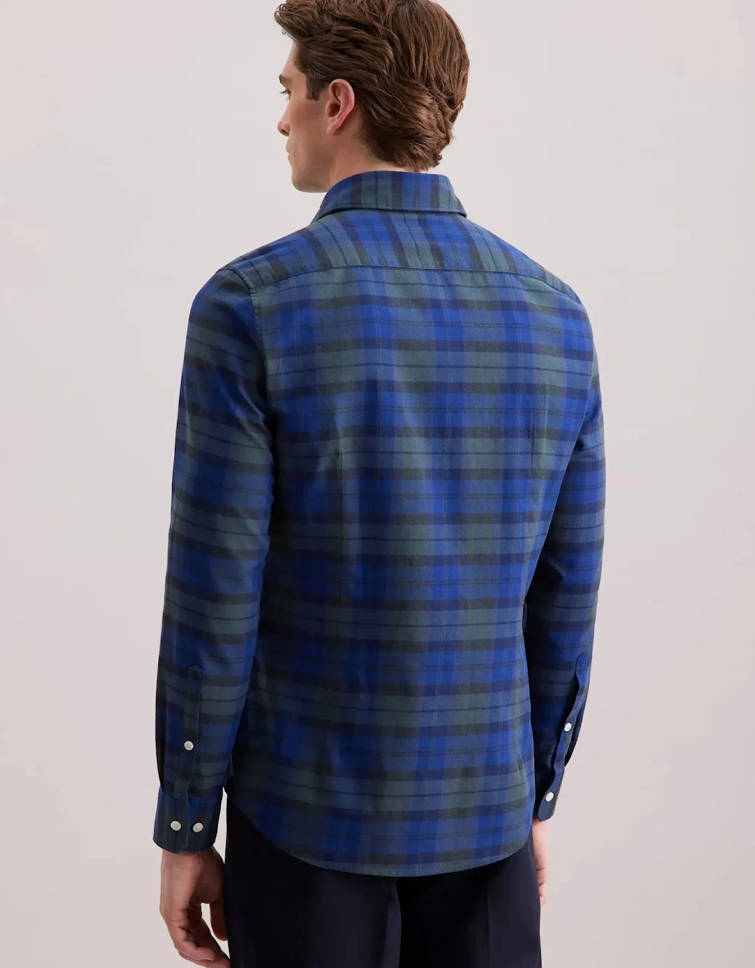 Slim Fit Spread Kent Check Flannel Shirt Dark Blue