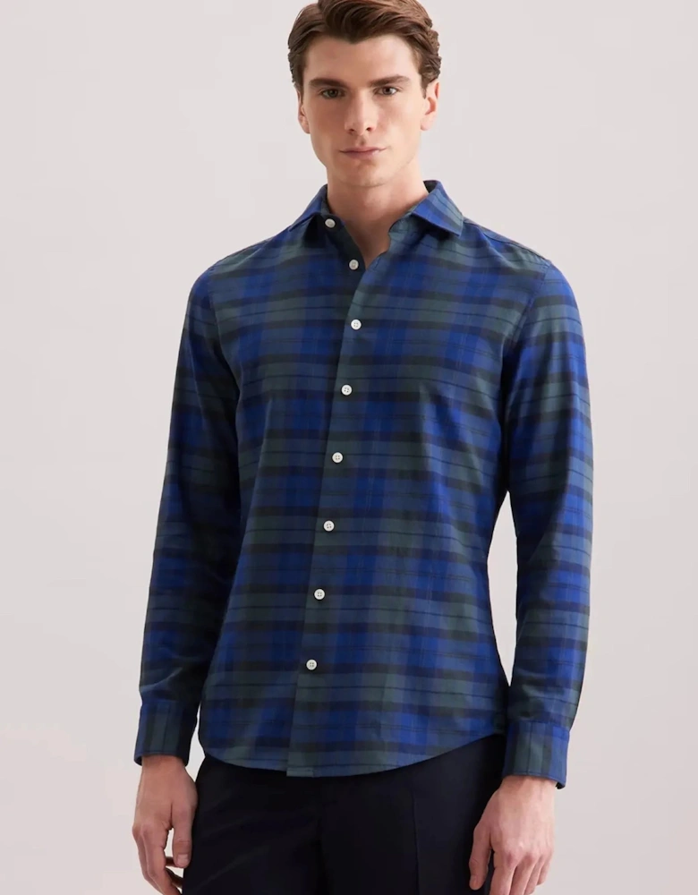 Slim Fit Spread Kent Check Flannel Shirt Dark Blue