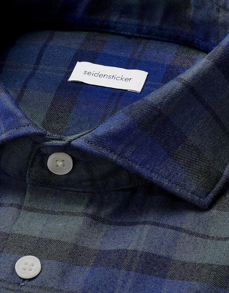 Slim Fit Spread Kent Check Flannel Shirt Dark Blue