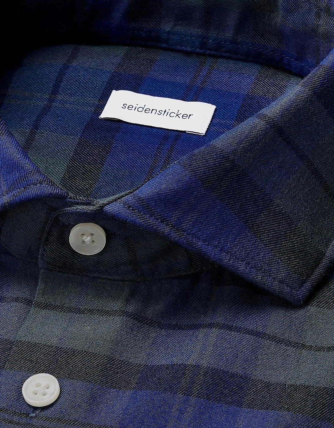 Slim Fit Spread Kent Check Flannel Shirt Dark Blue